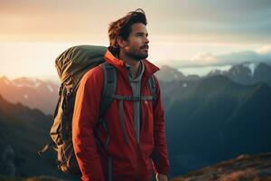 bonito jovem homem com mochila caminhada dentro a montanhas às pôr do sol ai gerado foto