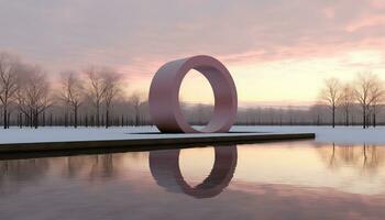 translúcido águas e circular beleza com Rosa nuvens e árvores ai gerado foto