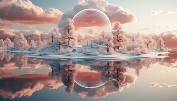 translúcido águas e circular beleza com Rosa nuvens e árvores ai gerado foto