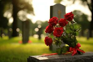 vermelho rosas em uma sepultura às uma cemitério durante a pôr do sol com cópia de espaço ai gerado foto