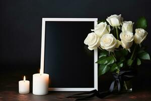 branco rosas com fita e foto quadro, Armação em Preto plano de fundo.funeral conceito ai gerado