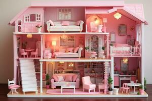 Rosa casa de boneca com Rosa interior. gerado de artificial inteligência foto