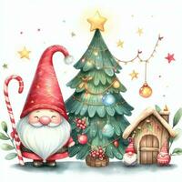 fofa gnomo santa claus mão desenhar desenho animado estilo, presente caixa e Natal árvore em branco fundo, aguarela foto