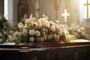 lindo flores dentro uma caixão às uma velório ai gerado foto