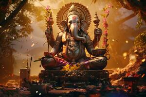 hindu Deus ganesha com flores ai gerado foto