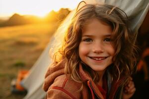 retrato do fofa pequeno menina às Câmera enquanto em pé perto acampamento barraca às pôr do sol ai gerado foto