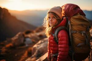 pequeno menina com mochila caminhada em montanha pico às pôr do sol, viagem e aventura conceito ai gerado foto