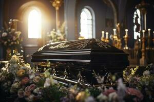 fechar-se tiro do uma caixão dentro uma carro fúnebre ou capela antes velório ou enterro às cemitério ai gerado foto