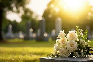 branco flores dentro frente do uma lápide às uma cemitério com pôr do sol.funeral conceito ai gerado foto