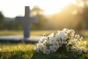 branco flores dentro frente do uma lápide às uma cemitério com pôr do sol.funeral conceito ai gerado foto