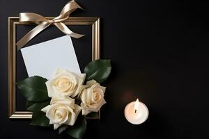 branco rosas com fita e foto quadro, Armação em Preto plano de fundo.funeral conceito ai gerado