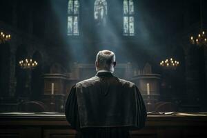 traseiro Visão do sacerdote olhando às Igreja interior. religião conceito. ai gerado foto