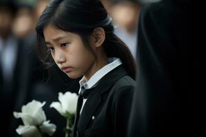 retrato do uma pequeno ásia menina com dentro a cemitério, funeral conceito ai gerado foto