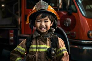 retrato do fofa pequeno Garoto vestindo bombeiro uniforme dentro a fogo departamento ai gerado foto