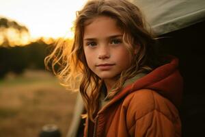 retrato do fofa pequeno menina às Câmera enquanto em pé perto acampamento barraca às pôr do sol ai gerado foto