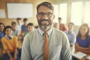 sorridente masculino professor do elementar Educação. gerar ai foto