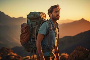 bonito jovem homem com mochila caminhada dentro a montanhas às pôr do sol ai gerado foto