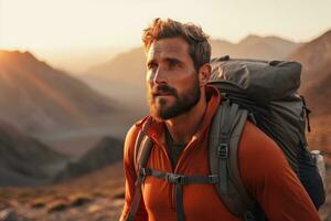 bonito jovem homem com mochila caminhada dentro a montanhas às pôr do sol ai gerado foto