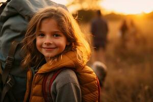 retrato do fofa pequeno menina às Câmera enquanto em pé perto acampamento barraca às pôr do sol ai gerado foto