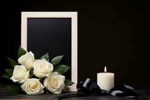 branco rosas com fita e foto quadro, Armação em Preto plano de fundo.funeral conceito ai gerado