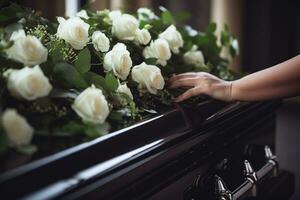 fechar-se do uma mulher mão colocação uma ramalhete do branco rosas dentro uma caixão.funeral conceito ai gerado foto