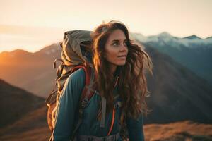 lindo mulher caminhante com mochila caminhada dentro a montanhas às pôr do sol ai gerado foto