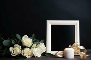 branco rosas com fita e foto quadro, Armação em Preto plano de fundo.funeral conceito ai gerado