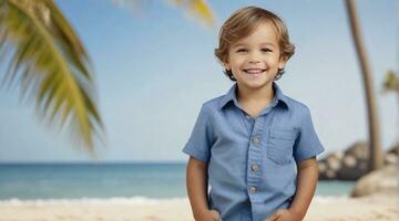 sorridente criança pequena Garoto vestindo azul camisa contra de praia ambiente fundo com espaço para texto, crianças fundo imagem, ai gerado foto