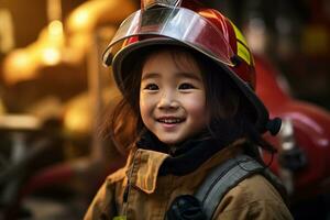 retrato do uma fofa pequeno ásia menina vestindo uma bombeiro uniforme ai gerado foto