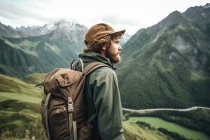 hipster viajante com mochila sentado em topo do uma montanha e olhando às a vale. ai gerado foto