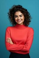 jovem menina muito Alto moda vermelho vestir ai gerado foto