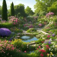 lindo jardim Visão com vários flores, ai gerado. foto