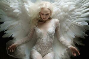 lindo sexy Loiras mulher com branco anjo asas. estúdio tomada, branco anjo com asas ai gerado foto