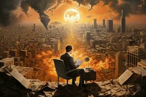 homem de negocios sentado dentro cadeira com livro dentro mãos e olhando às queimando cidade, mundo dominação, ai gerado foto