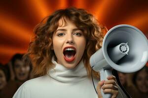 retrato do uma jovem mulher gritando através uma megafone. ai gerado foto