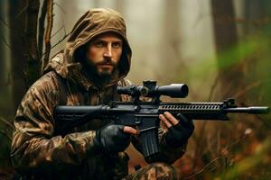 homem vestindo camuflar e visando com Caçando rifle jogo. gerar ai foto