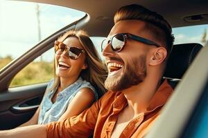 transporte, estrada viagem, tecnologia e pessoas conceito - sorridente casal dirigindo dentro carro, viagem conceito. generativo ai foto