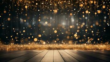 Natal festão bokeh luzes sobre dourado azul fundo ai gerado foto