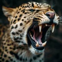 fechar acima retrato do uma leopardo com uma rugindo expressão. generativo ai foto