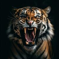 fechar acima retrato do uma rugindo tigre, generativo ai foto
