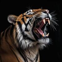 fechar acima retrato do uma rugindo tigre, generativo ai foto