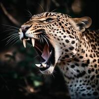 fechar acima retrato do uma leopardo com uma rugindo expressão. generativo ai foto