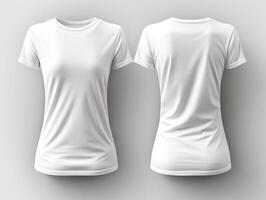 avião branco mulheres camiseta brincar projeto, frente e costas visualizar, isolado em branco fundo, generativo ai foto