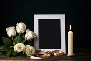 branco rosas com fita e foto quadro, Armação em Preto plano de fundo.funeral conceito ai gerado