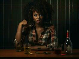 Preto jovem lindo mulher bebendo álcool. álcool Abuso social problema. ai generativo foto