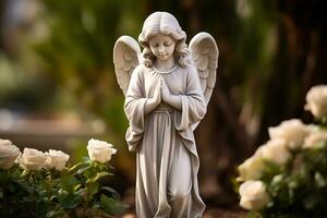 anjo estátua com branco rosas dentro a cemitério.religioso fundo ai gerado foto