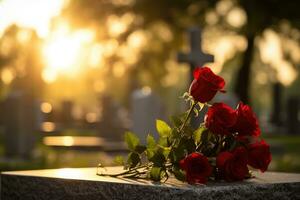 vermelho rosas em uma sepultura às uma cemitério durante a pôr do sol com cópia de espaço ai gerado foto