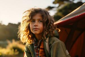 retrato do fofa pequeno menina às Câmera enquanto em pé perto acampamento barraca às pôr do sol ai gerado foto
