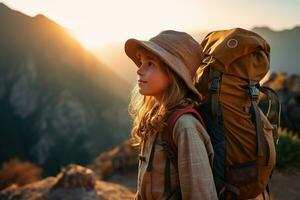 pequeno menina com mochila caminhada em montanha pico às pôr do sol, viagem e aventura conceito ai gerado foto