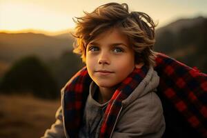 retrato do uma fofa Garoto olhando às Câmera enquanto perto dele barraca dentro natureza ai gerado foto